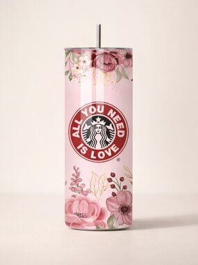 All You Need Is Love Stainless Steel Tumbler | 20 oz Floral Pink Skinny Tumbler